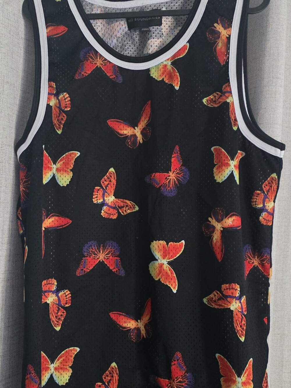 No Boundaries Butterfly Print Mesh Tank - Black with Neon Butterflies